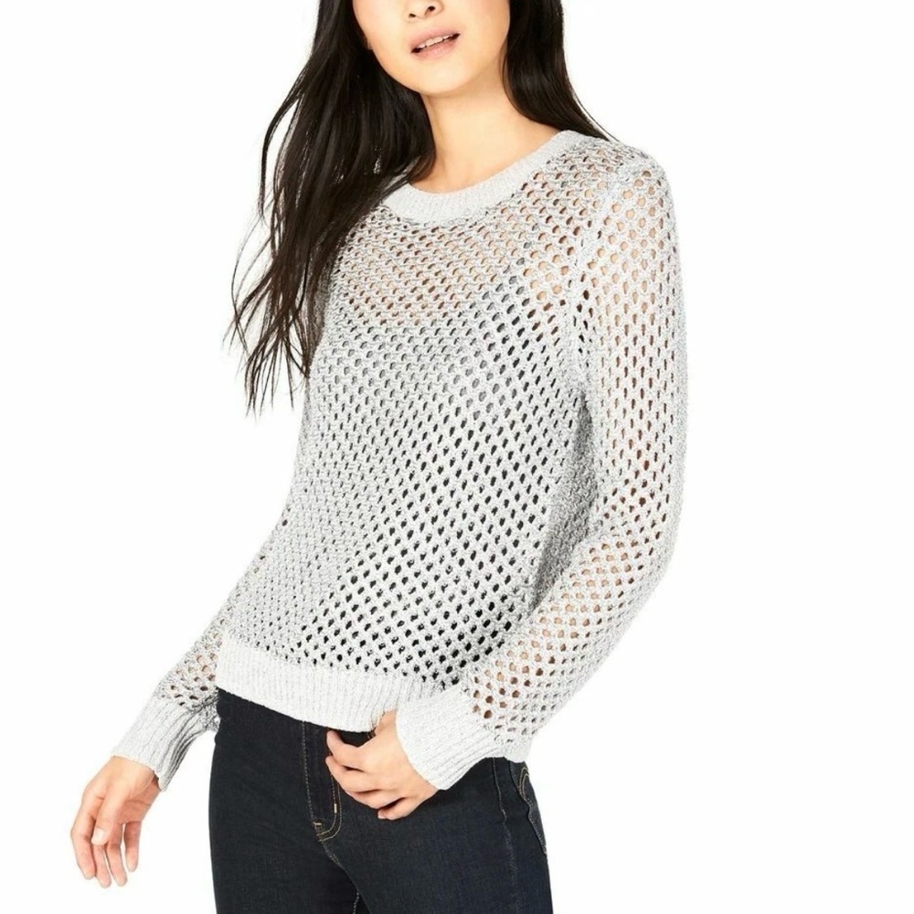 Bar III Light Gray Women's Open Knit Crew Neck Sweater Small